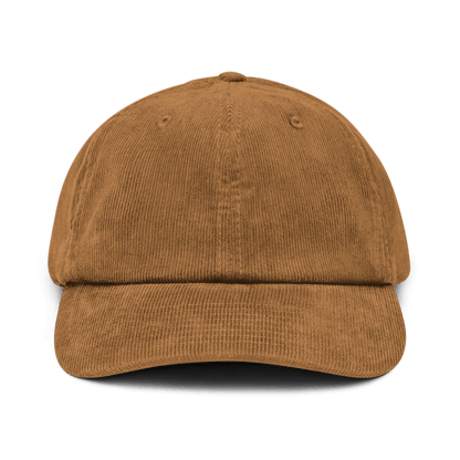Cappellino ricamato personalizzato in velluto marrone, con visiera sagomata e design vintage.