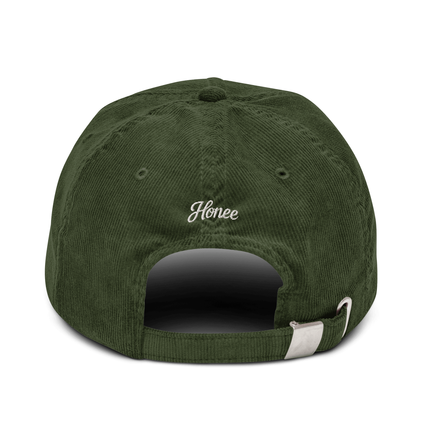 Cappellino ricamato personalizzato in velluto verde con logo Honee sul retro