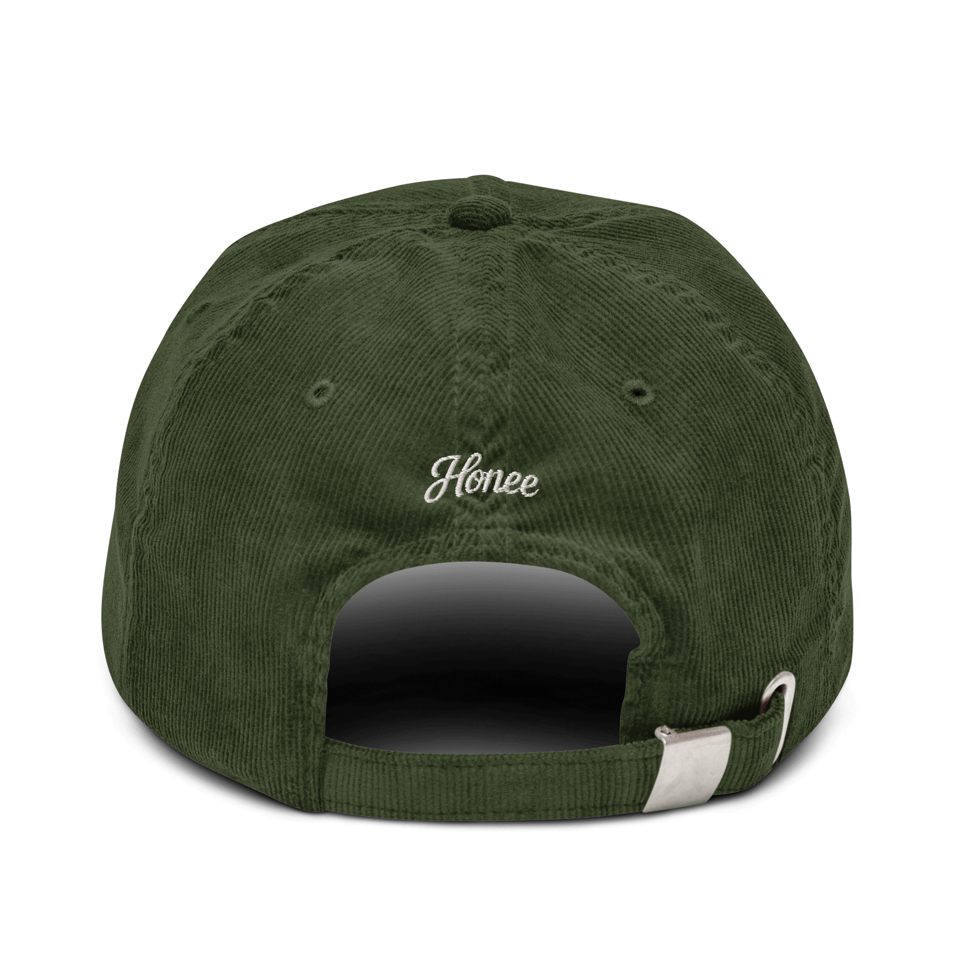 Cappellino ricamato personalizzato in velluto verde con logo Honee sul retro