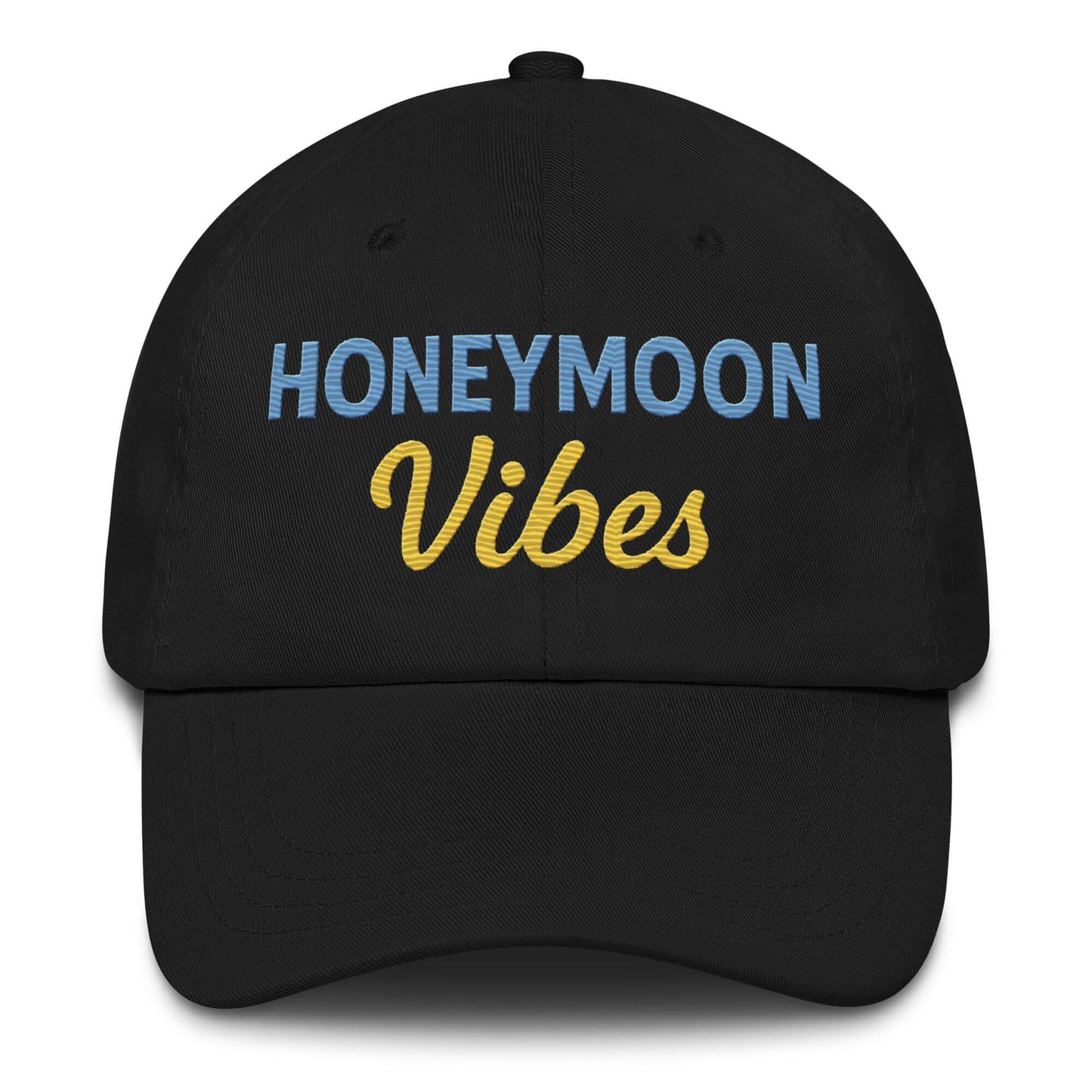 Cappellino unisex nero con ricamo 'HONEYMOON Vibes' per look casual e romantici.