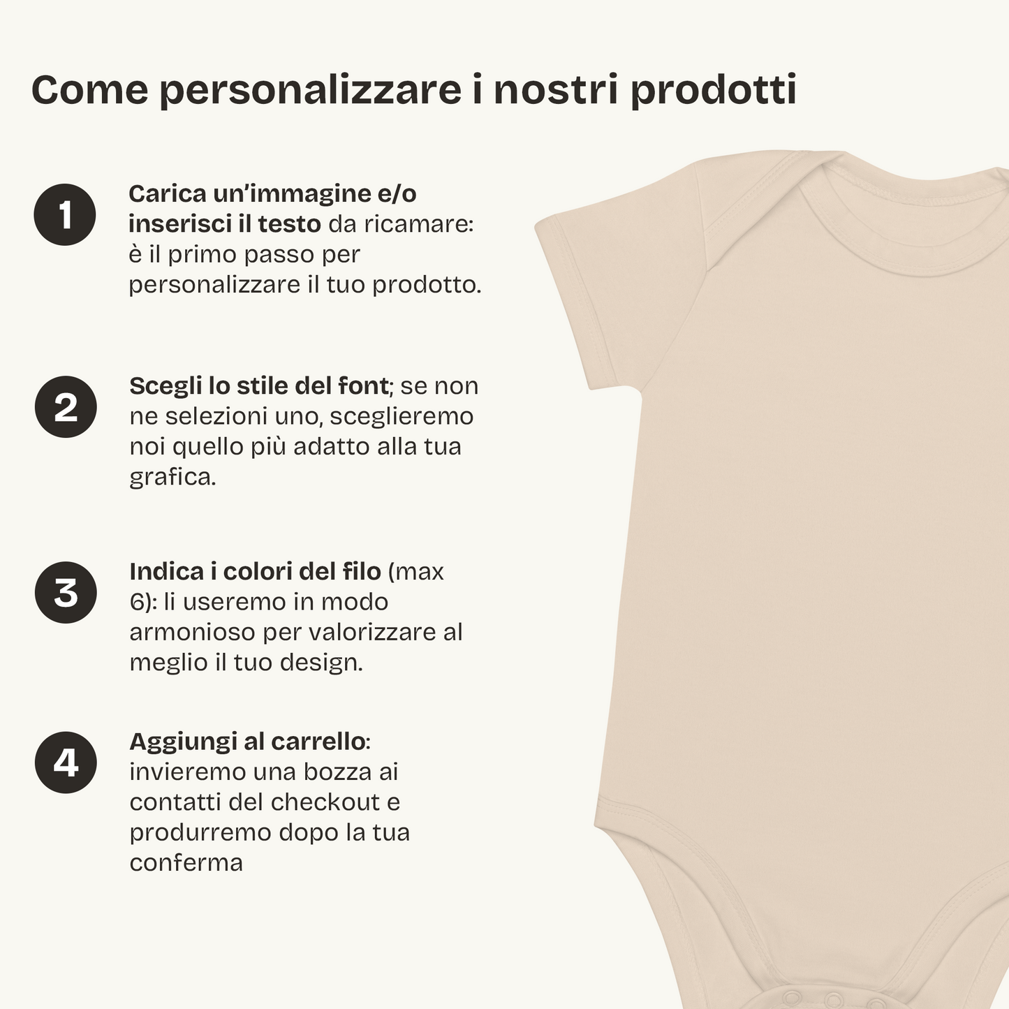 Istruzioni per personalizzare body neonato ricamato in cotone organico, con scelta di testo e colori.