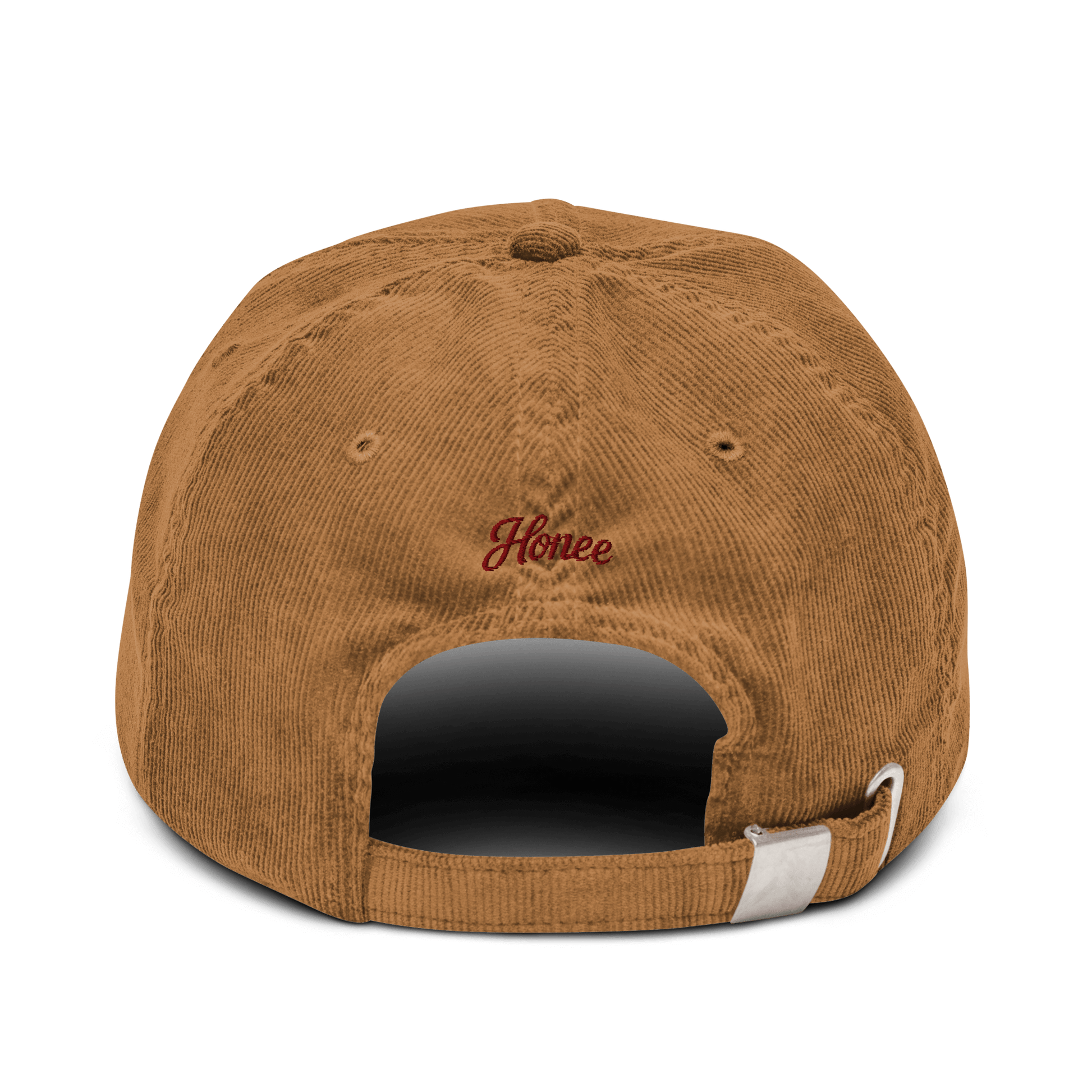 Cappellino ricamato in velluto a coste con logo red "Honee" sul retro, colore marrone caldo.