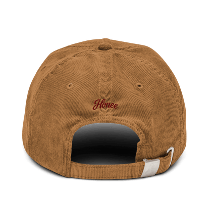 Cappellino ricamato in velluto a coste con logo red "Honee" sul retro, colore marrone caldo.