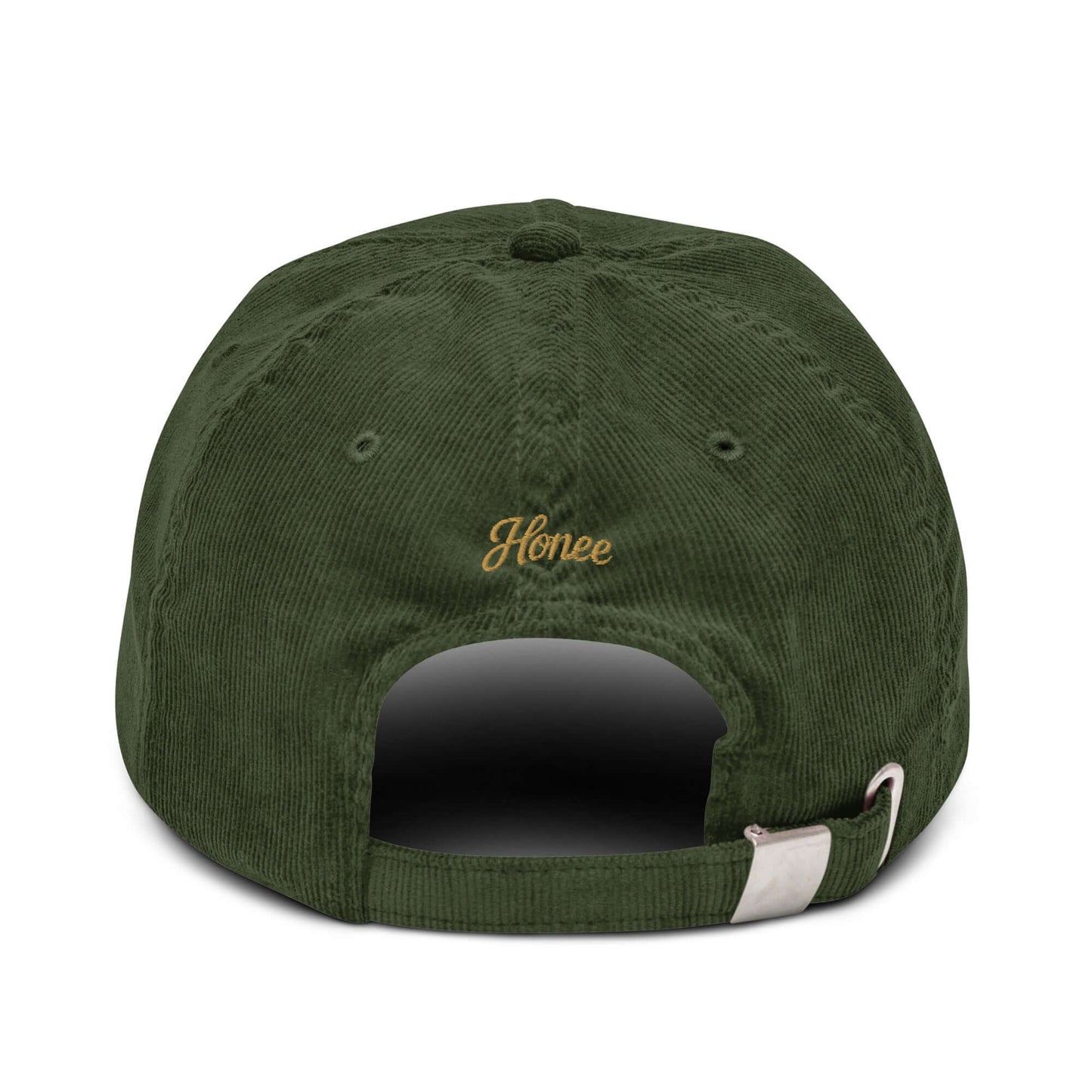 Back view of a green corduroy cap with embroidered text 'Honee' for a stylish accessory.