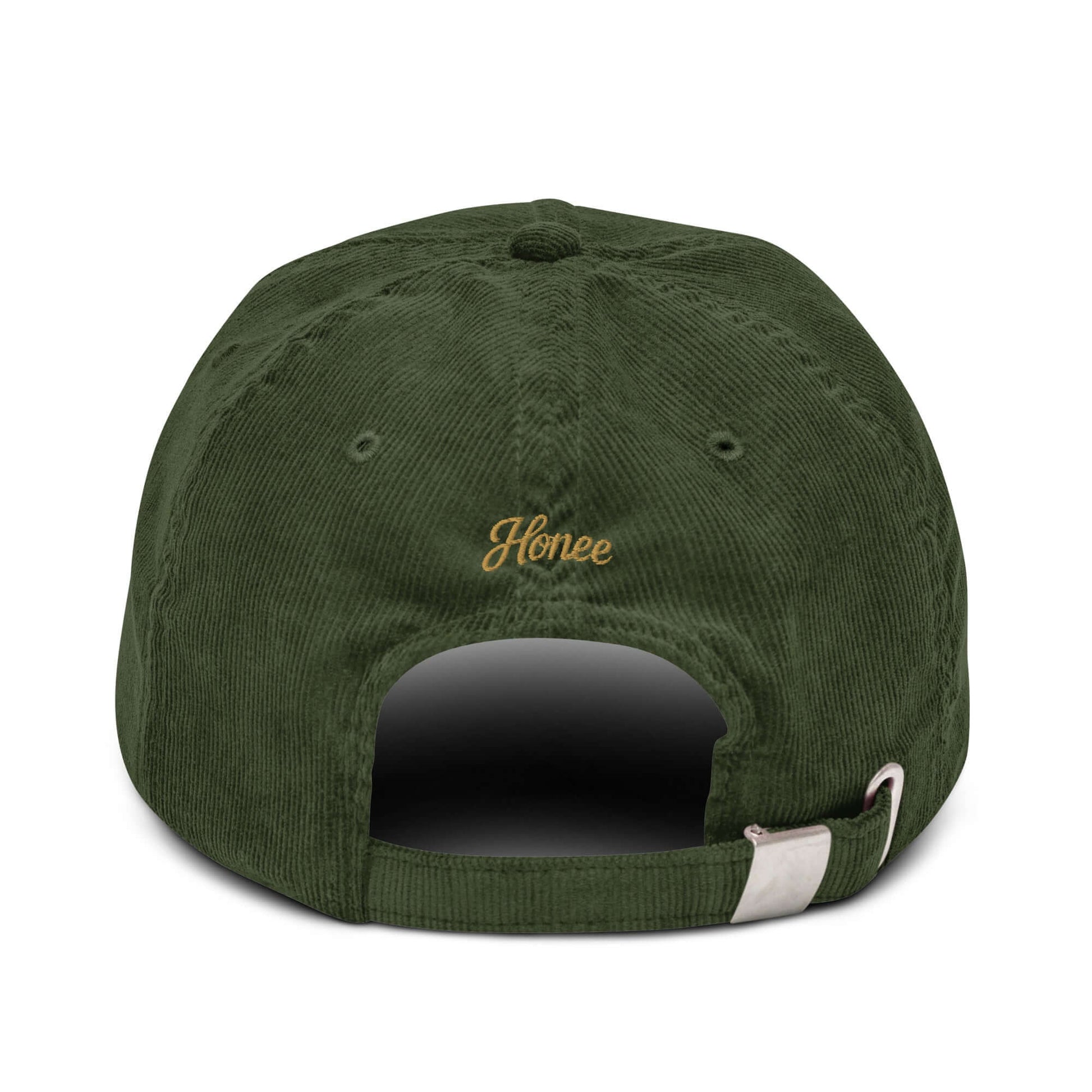 Back view of a green corduroy cap with embroidered text 'Honee' for a stylish accessory.