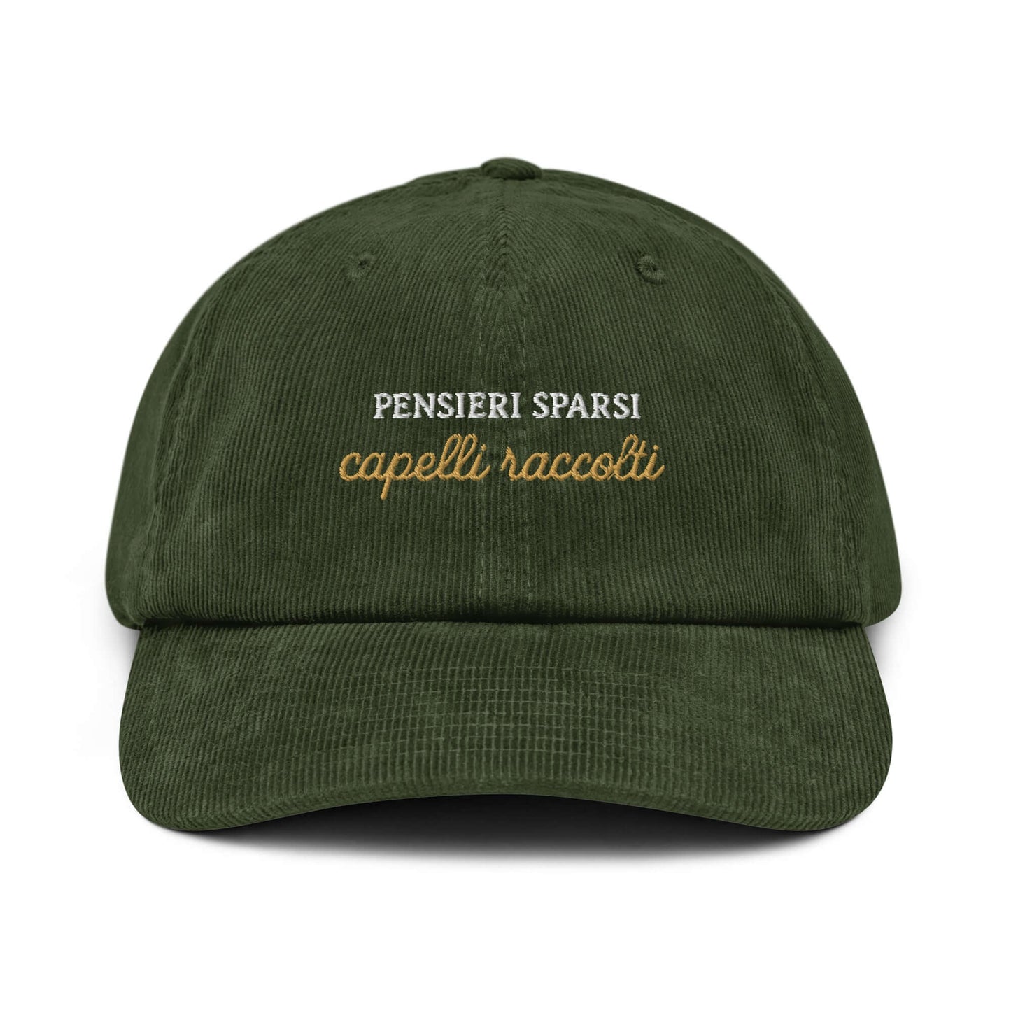 Cappellino ricamato in velluto color verde con scritta "Pensieri sparsi, capelli raccolti".