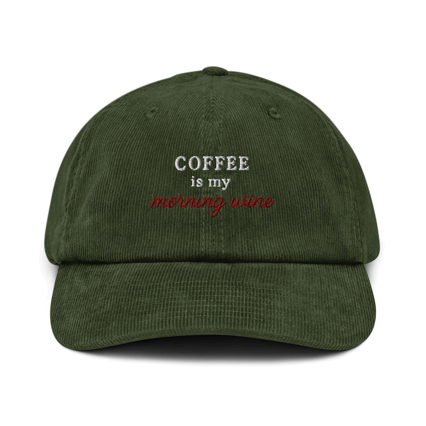 Cappellino ricamato in velluto a coste con scritta "Coffee is my morning wine".