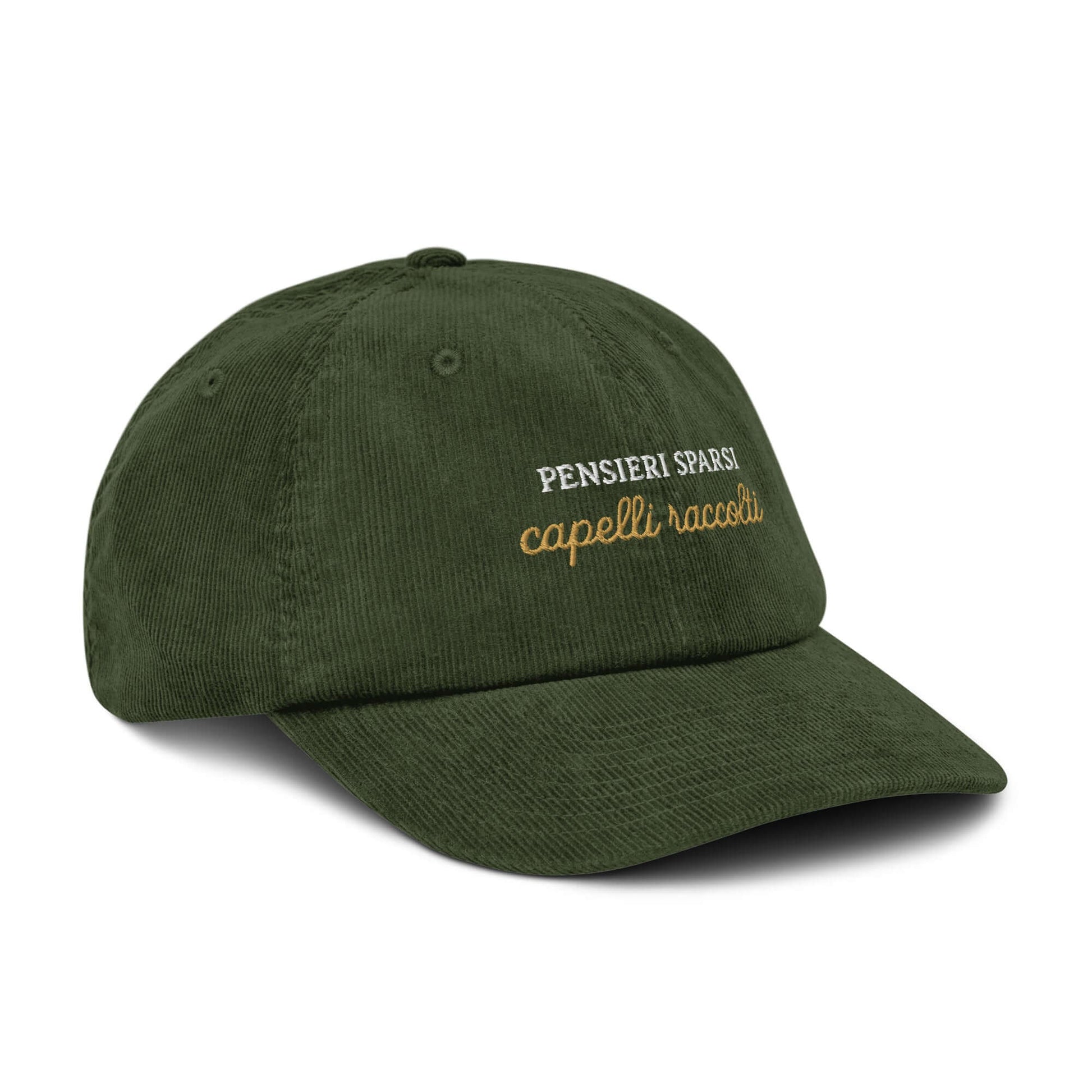 Cappellino ricamato in velluto verde oliva con scritta "Pensieri sparsi, capelli raccolti".