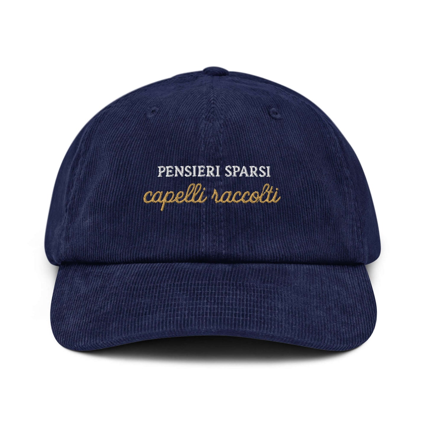 Cappellino ricamato in velluto blu con testo 'Pensieri sparsi, capelli raccolti' per look elegante.