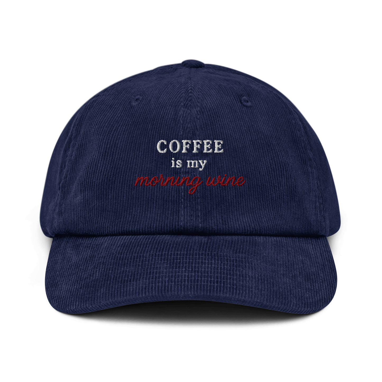 Cappellino ricamato in velluto a coste con scritta "Coffee is my morning wine".