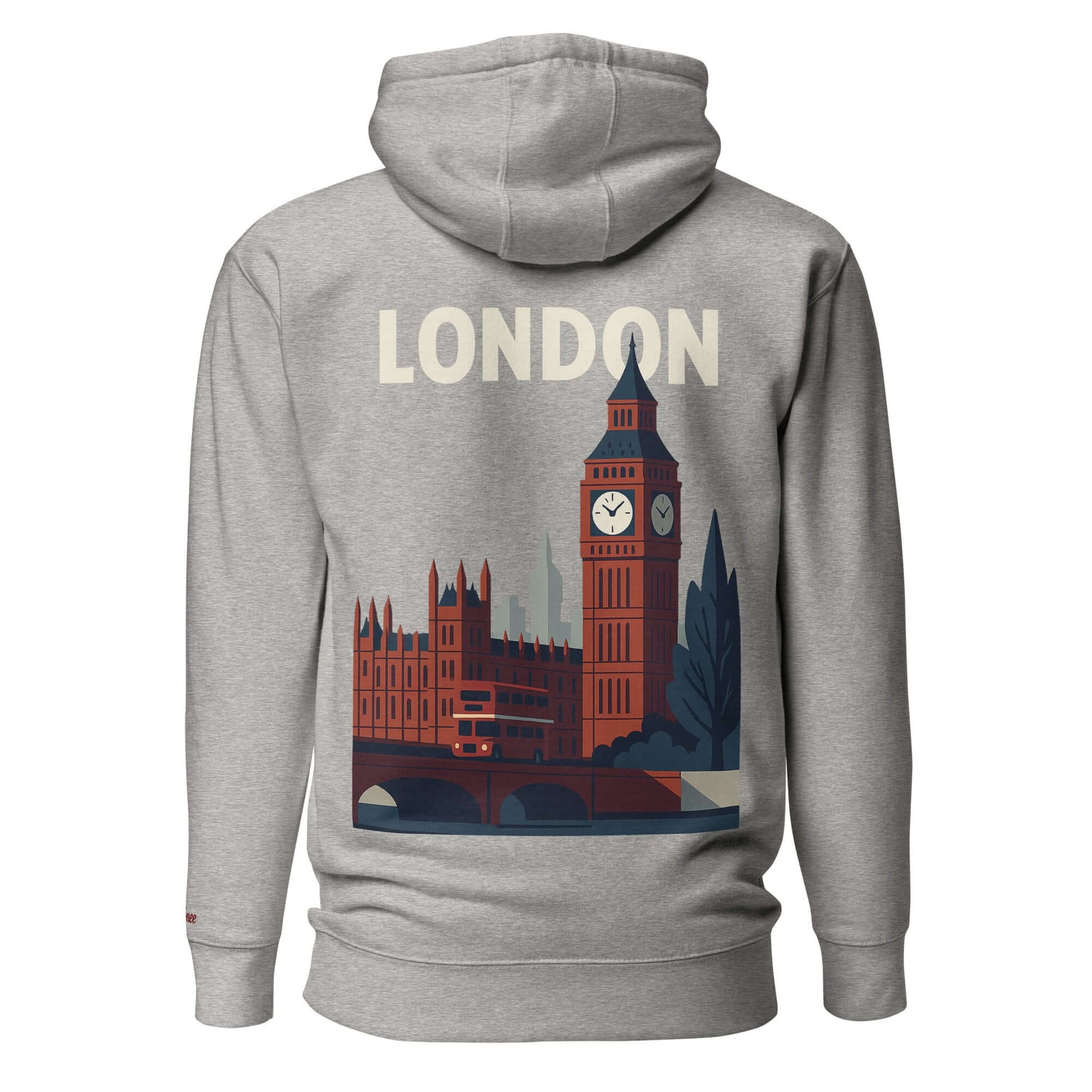 Felpa London grigia con grafica di Big Ben e il testo 'LONDON' sul retro.