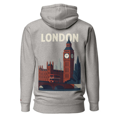 Felpa London grigia con grafica di Big Ben e il testo 'LONDON' sul retro.