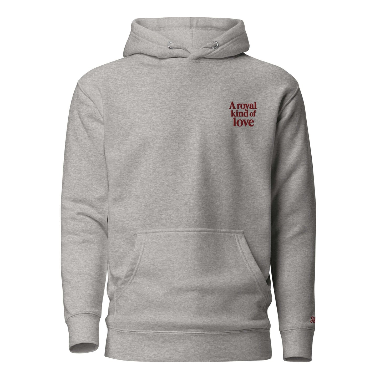 Felpa unisex grigia London "A royal kind of love" con ricamo, perfetta per uno stile romantico e street.