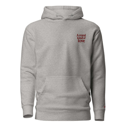 Felpa unisex grigia London "A royal kind of love" con ricamo, perfetta per uno stile romantico e street.