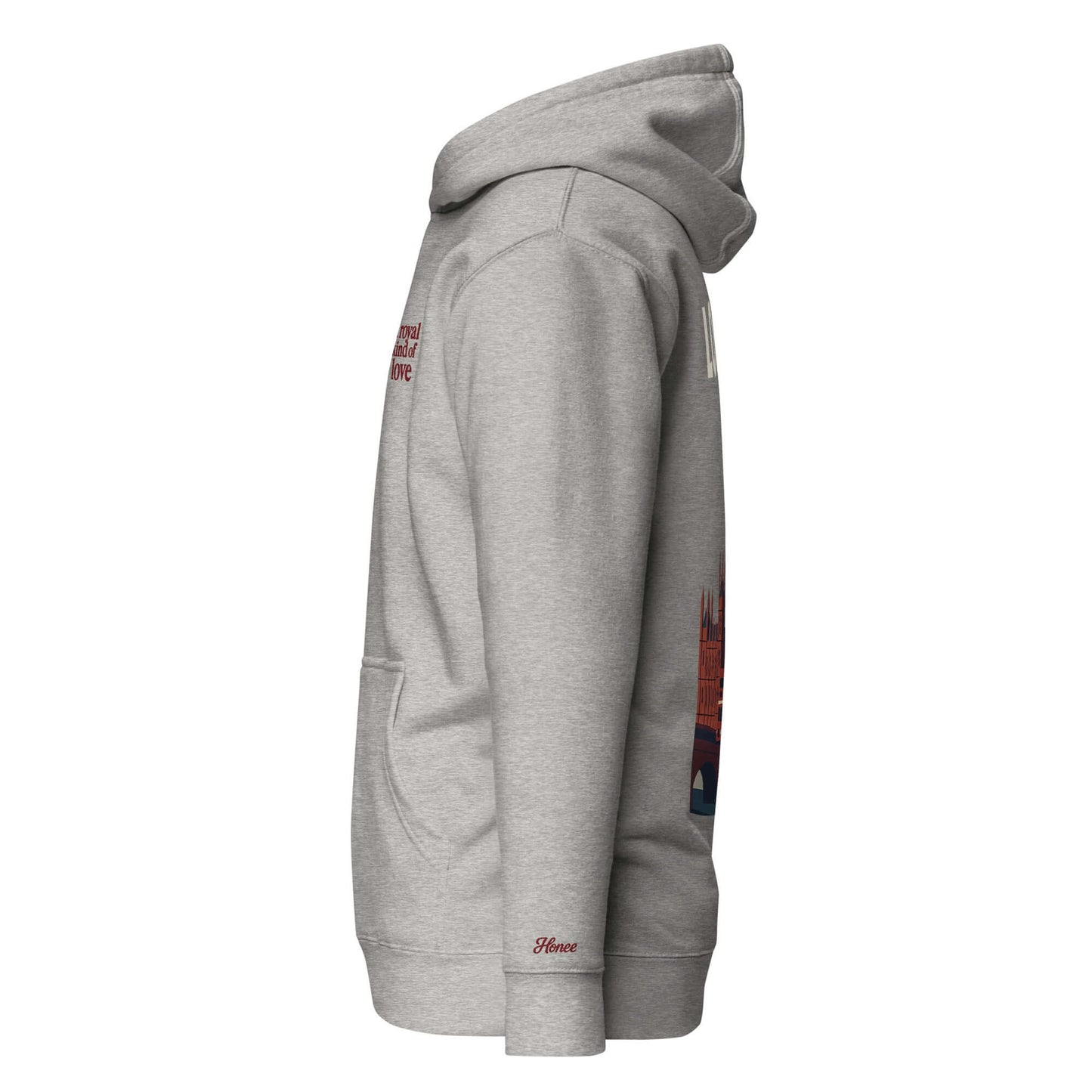 Felpa London grigia unisex "A royal kind of love", con ricamo e cappuccio, perfetta per uno stile street e romantico.
