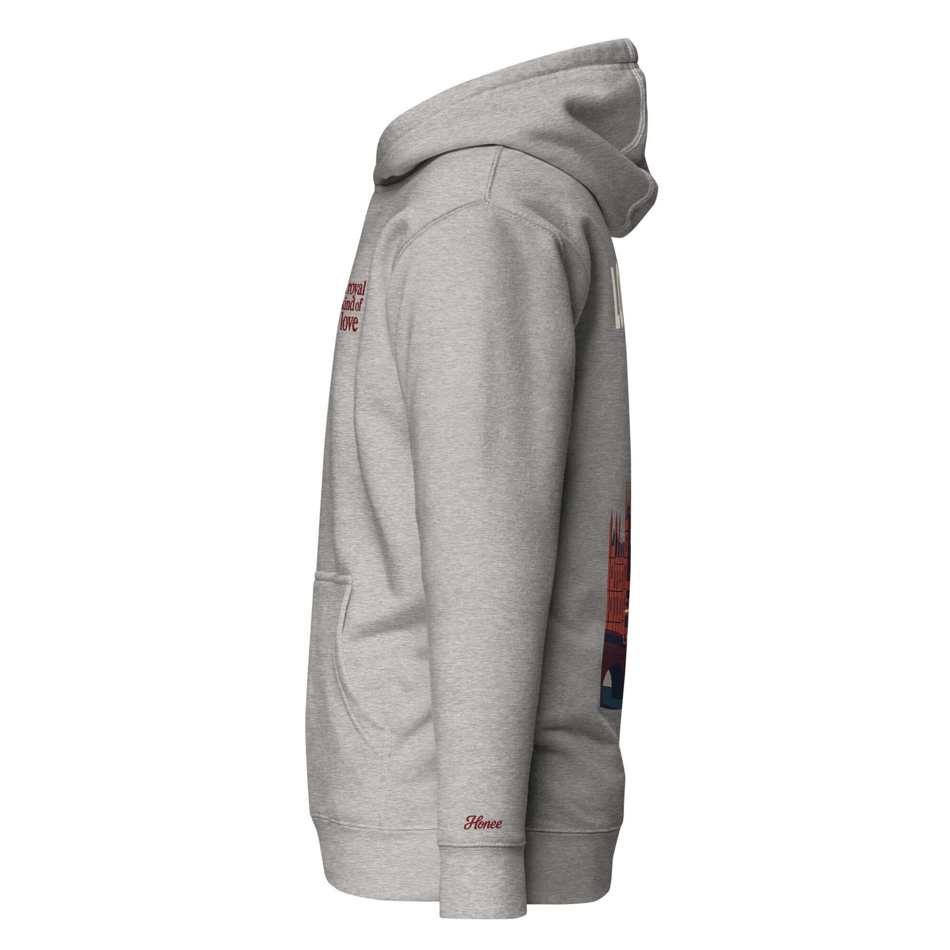 Felpa London grigia unisex "A royal kind of love", con ricamo e cappuccio, perfetta per uno stile street e romantico.
