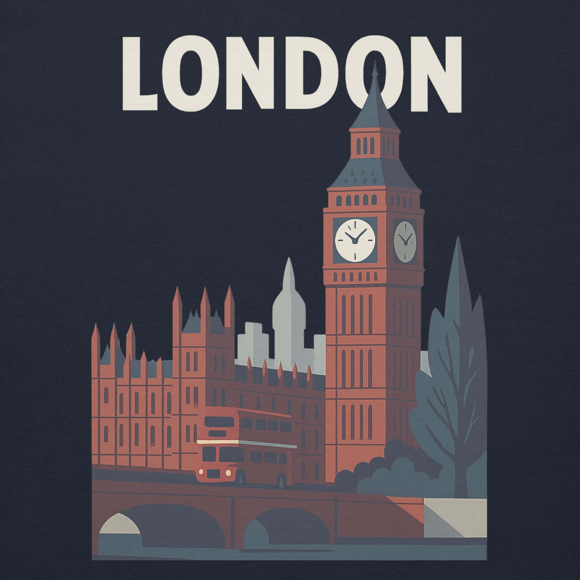 Illustrazione di Londra con il Big Ben e un bus a due piani, stile grafico moderno.