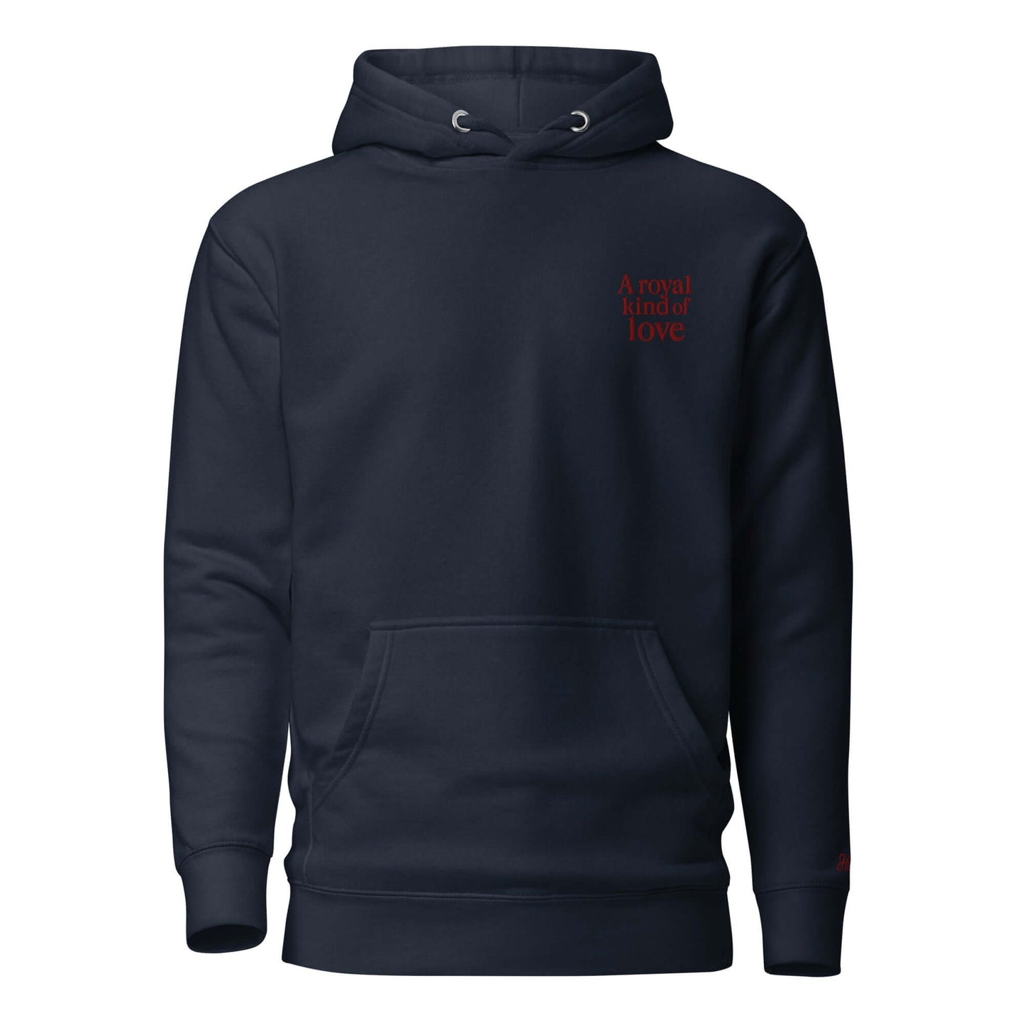 Felpa unisex London con cappuccio, ricamo 'A royal kind of love' su sfondo blu navy.