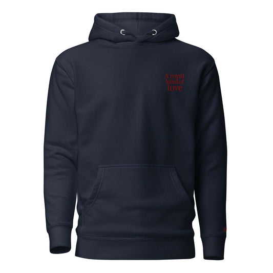 Felpa unisex London con cappuccio, ricamo 'A royal kind of love' su sfondo blu navy.