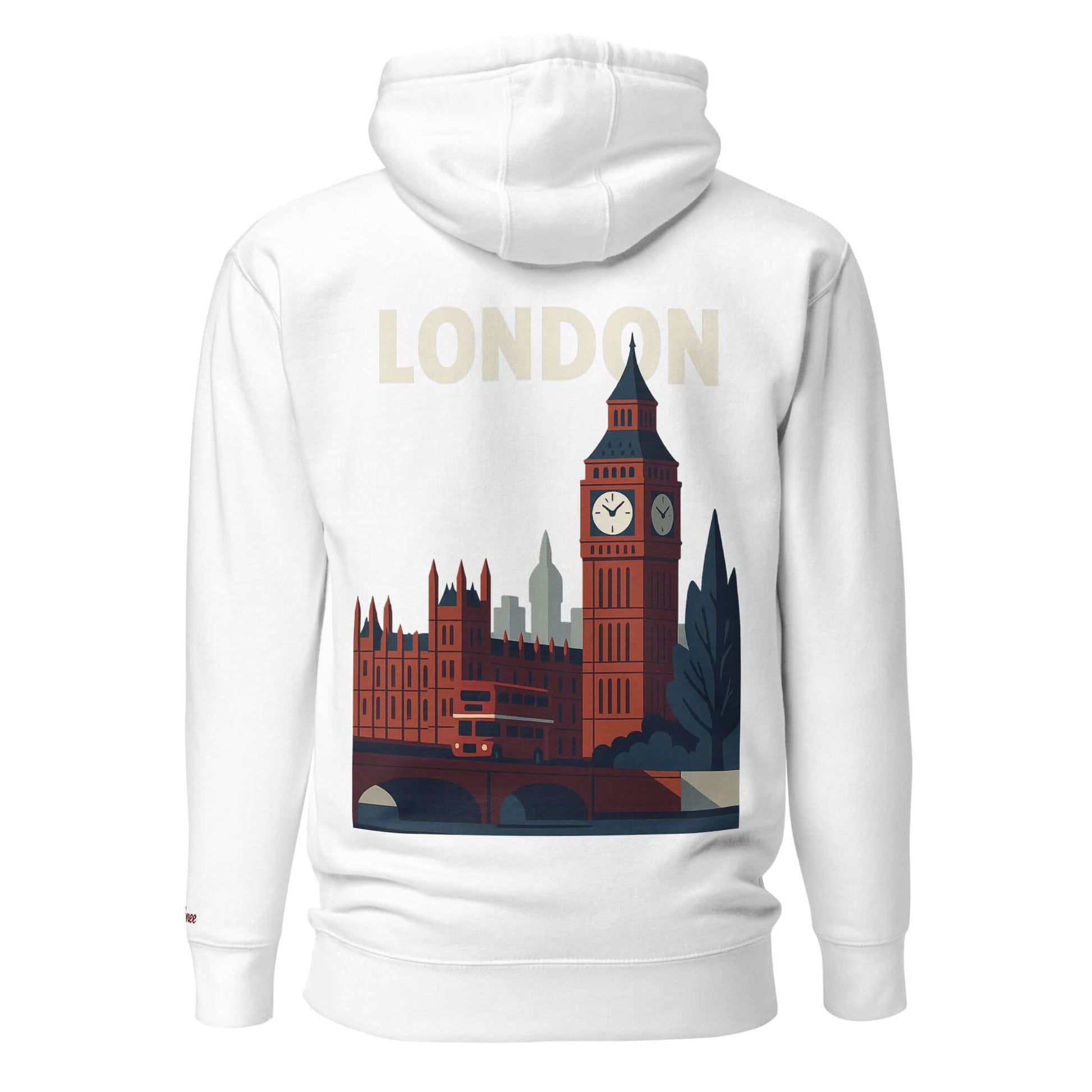 Felpa London unisex con design Big Ben e scritta 'LONDON' sul retro, stile artigianale e street fashion.
