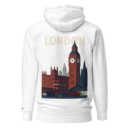 Felpa London unisex con design Big Ben e scritta 'LONDON' sul retro, stile artigianale e street fashion.
