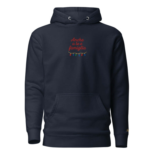 Felpa natale ricamata "Anche a te e famiglia" con motivo ironico e decorazioni festive.