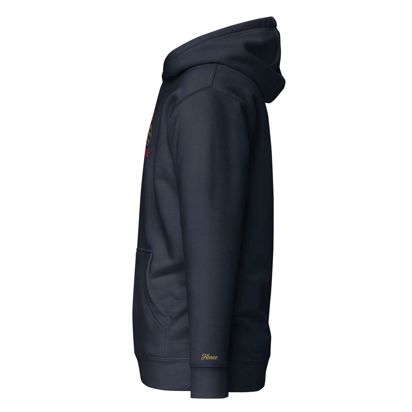 Felpa natale ricamata "Due palle sto Natale" in vista laterale, calda e unisex, perfetta per il Natale.