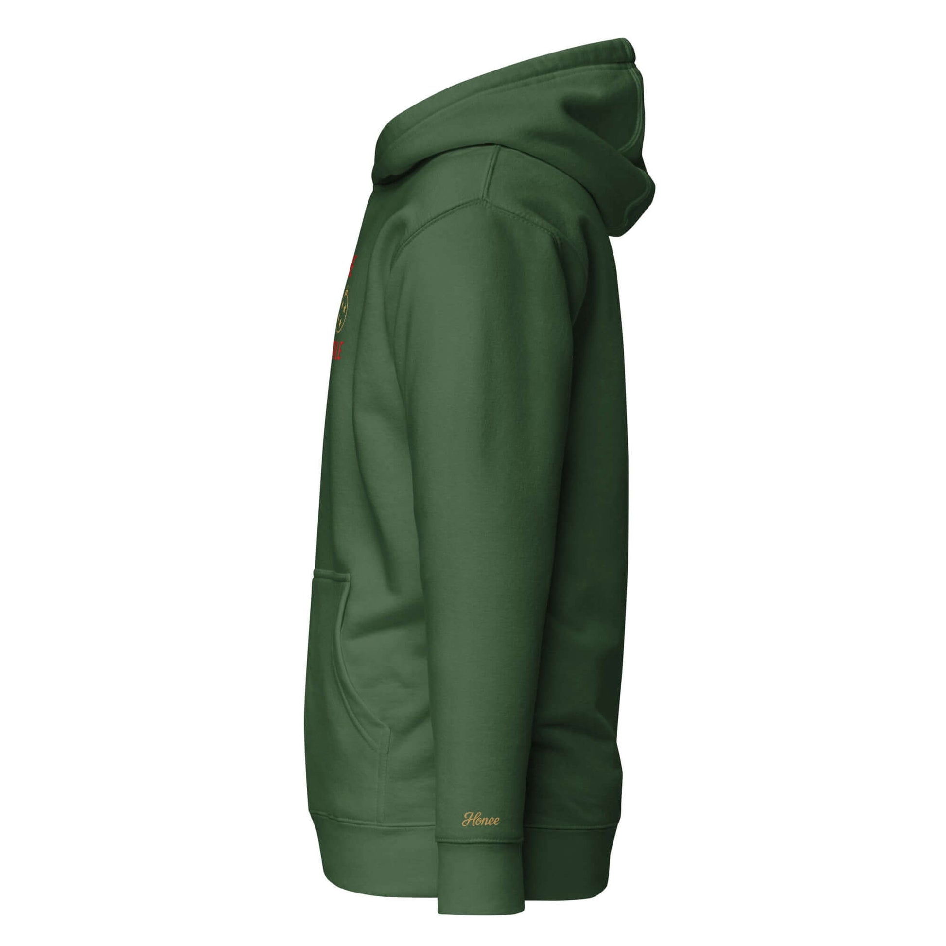 Felpa natale ricamata "Due palle sto Natale" vista di profilo, colore verde, stile unisex e confortevole.