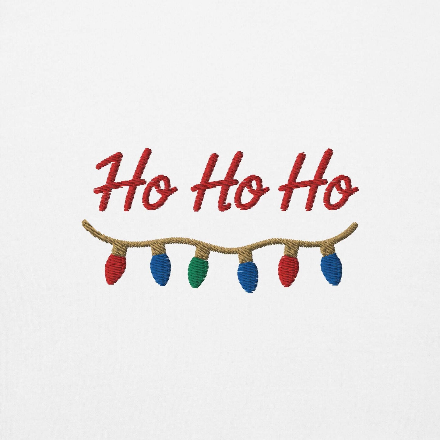 Ricamo della scritta Ho Ho Ho con luci natalizie, perfetto per la felpa natale ricamata "Ho Ho Ho".