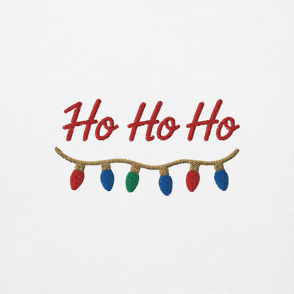 Ricamo della scritta Ho Ho Ho con luci natalizie, perfetto per la felpa natale ricamata "Ho Ho Ho".