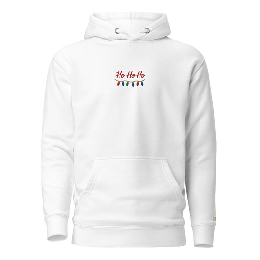 Felpa Natale ricamata "Ho Ho Ho" con scritta colorata e design unisex, ideale per le feste.