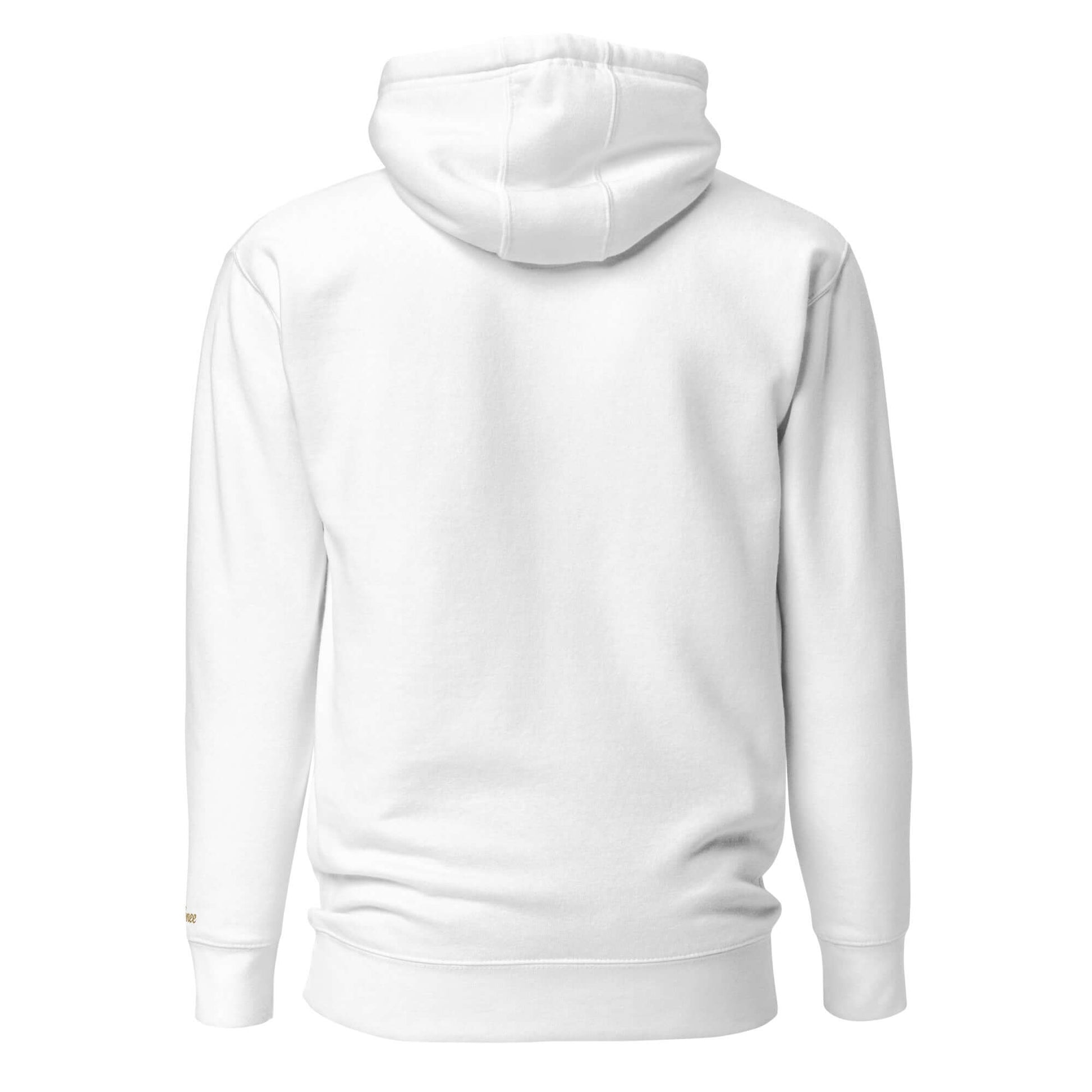 Felpa Natale ricamata "Ho Ho Ho" vista posteriore, colore bianco, design unisex ideale per le feste.