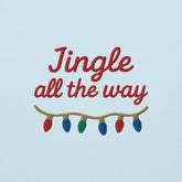 Felpa natale ricamata "Jingle all the way" con ricamo colorato su sfondo azzurro.