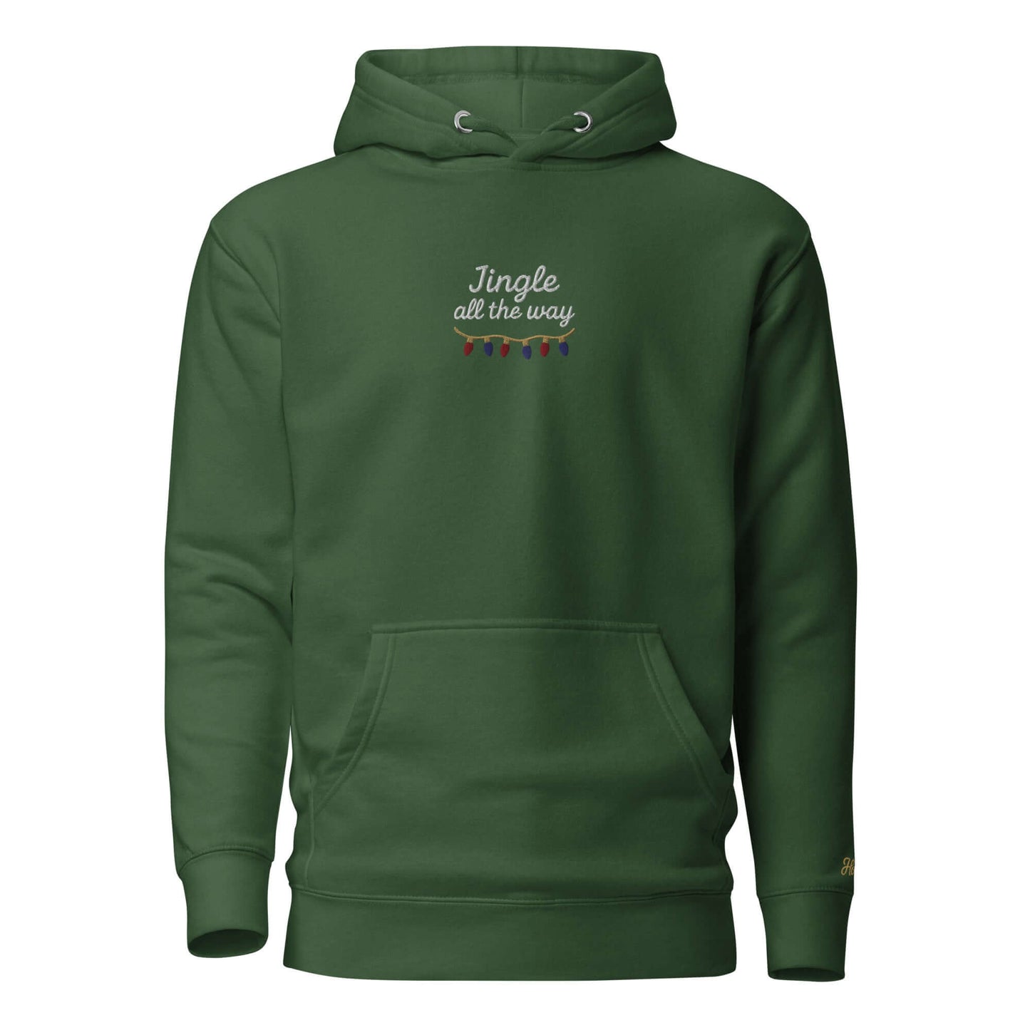 Felpa natale ricamata "Jingle all the way" in verde scuro con design minimal e ricami festivi.
