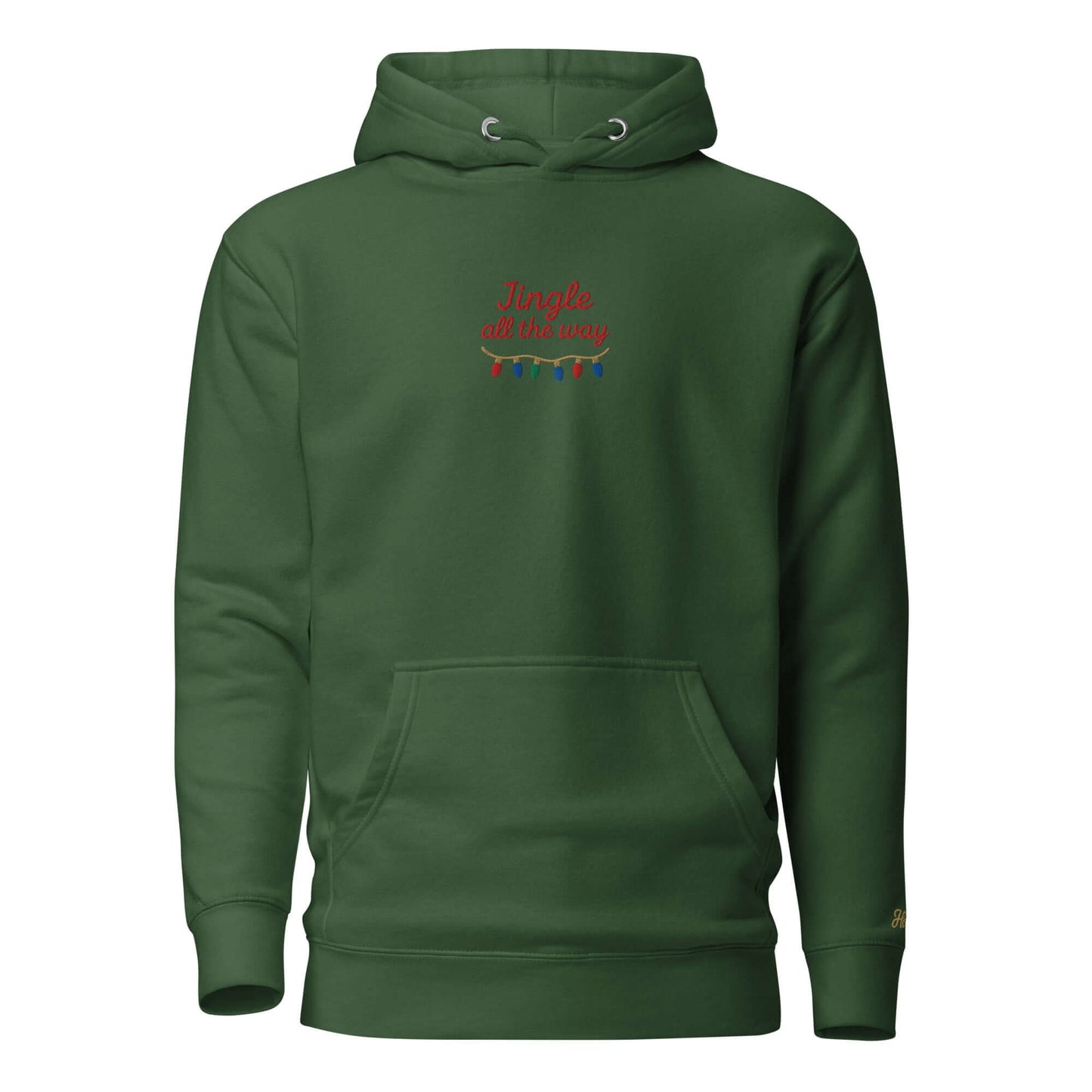 Felpa natale ricamata "Jingle all the way" color verde con ricamo festivo.