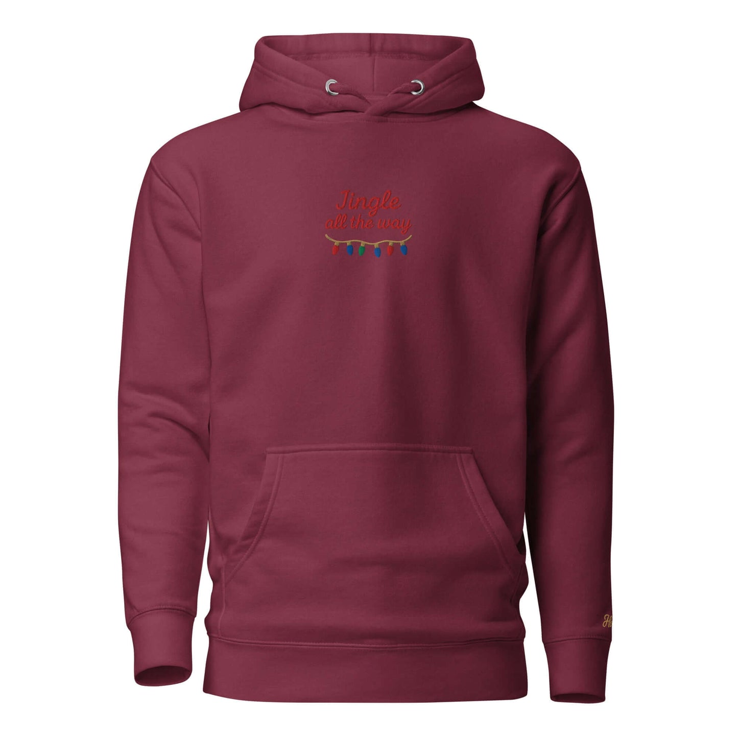 Felpa natale ricamata "Jingle all the way" in colore bordeaux con ricamo colorato e design unisex.