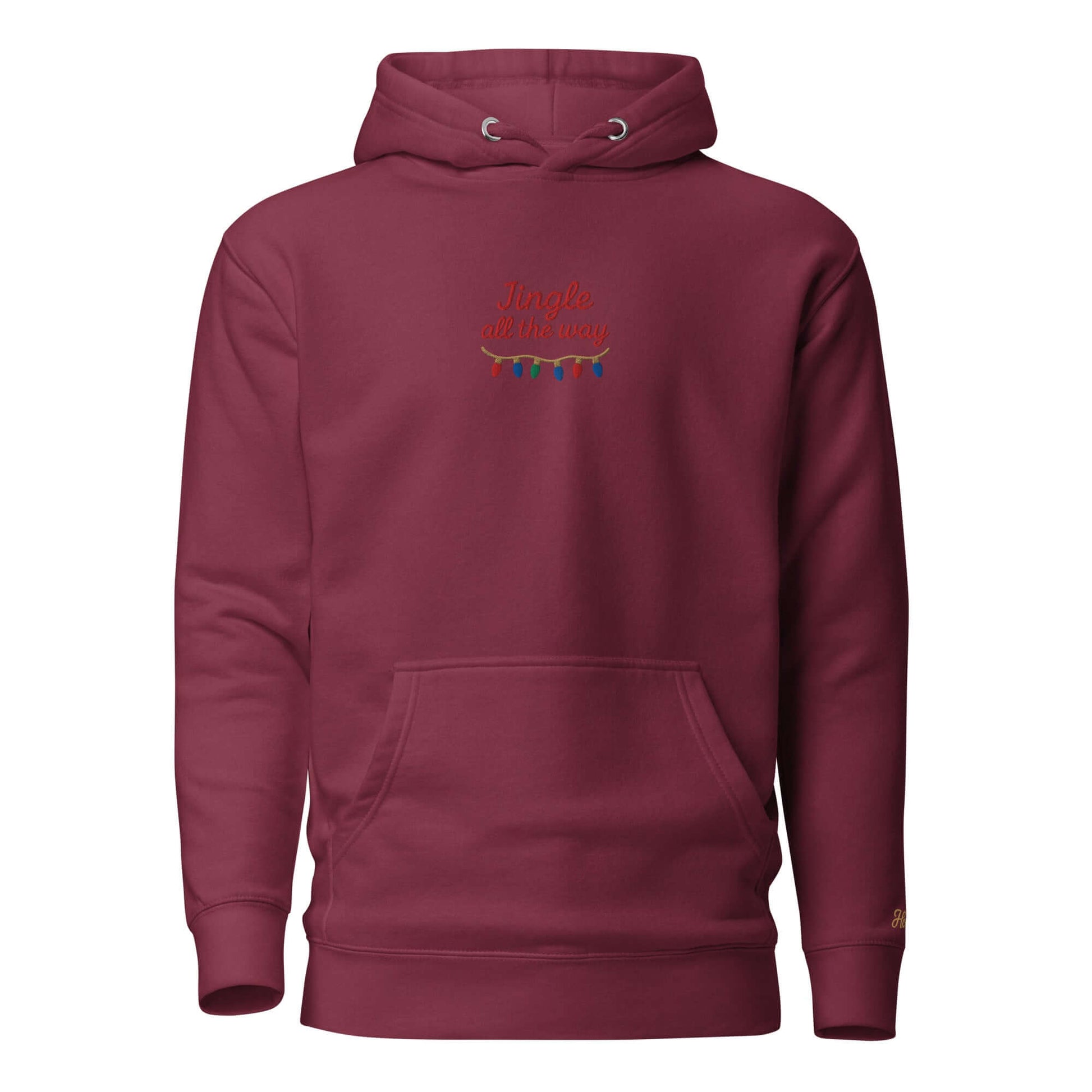 Felpa natale ricamata "Jingle all the way" in colore bordeaux con ricamo colorato e design unisex.