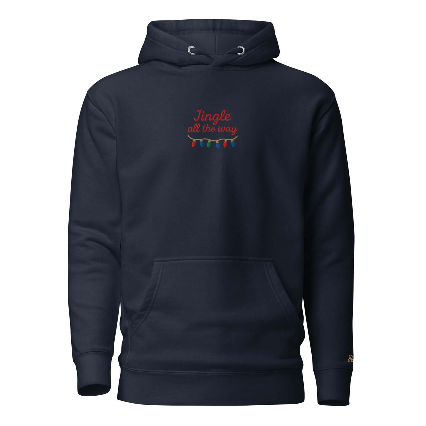 Felpa natale ricamata "Jingle all the way" con ricamo festivo su fondo blu scuro.