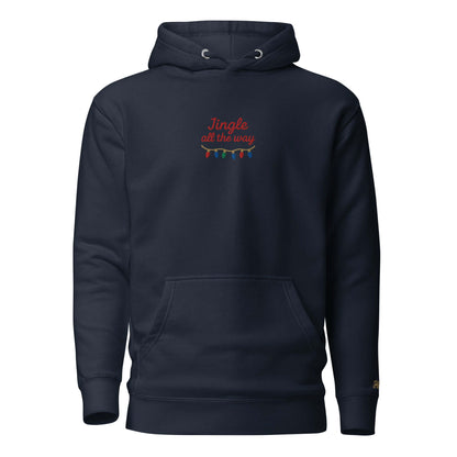 Felpa natale ricamata "Jingle all the way" con ricamo festivo su fondo blu scuro.