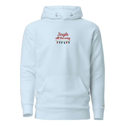 Felpa natale ricamata "Jingle all the way" in azzurro con ricamo festivo.