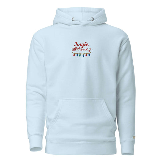 Felpa natale ricamata "Jingle all the way" in azzurro con ricamo festivo.