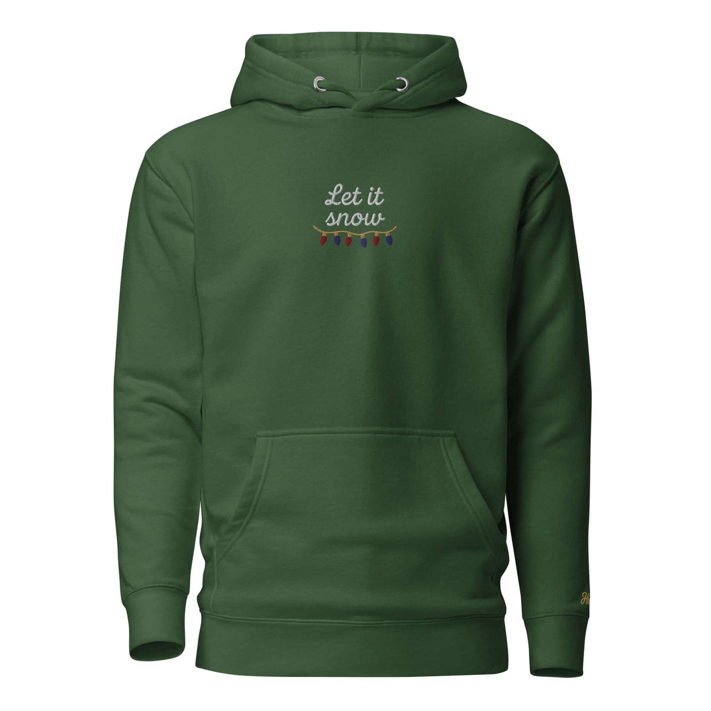 Felpa natale ricamata "Let it snow" in verde con scritta elegante e dettagli festivi.