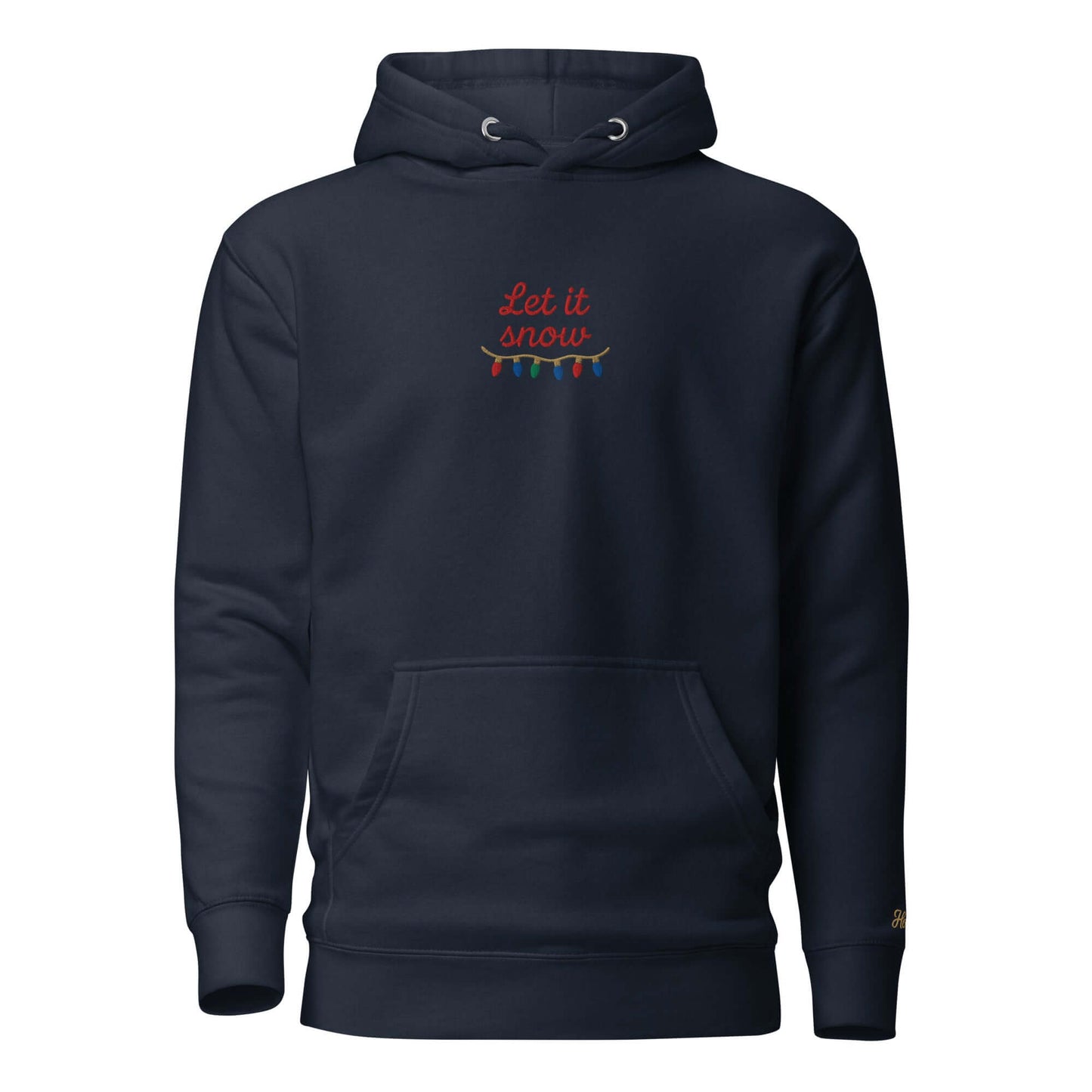 Felpa natale ricamata "Let it snow" con scritta colorata e design festivo, perfetta per l'inverno.