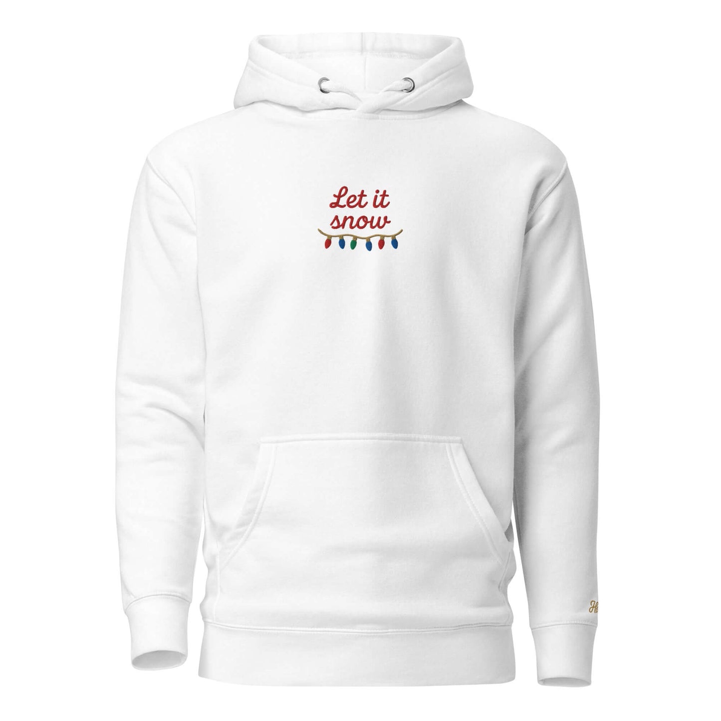 Felpa natale ricamata "Let it snow" bianca con scritta elegante e dettagli festivi.