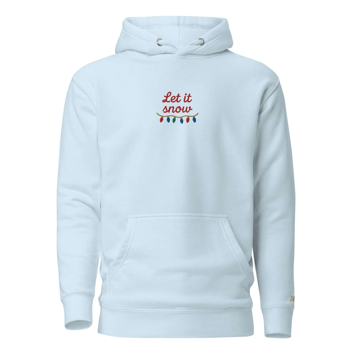 Felpa natale ricamata "Let it snow" con design festivo e scritta colorata su sfondo azzurro.