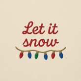 Felpa natale ricamata "Let it snow" con scritta elegante e luci colorate per un'atmosfera festiva.