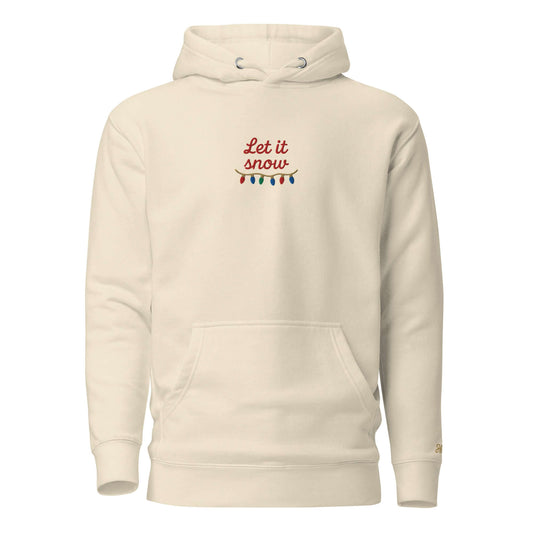 Felpa natale ricamata "Let it snow" con scritta eleganate e decorazioni festive, perfetta per l'inverno.