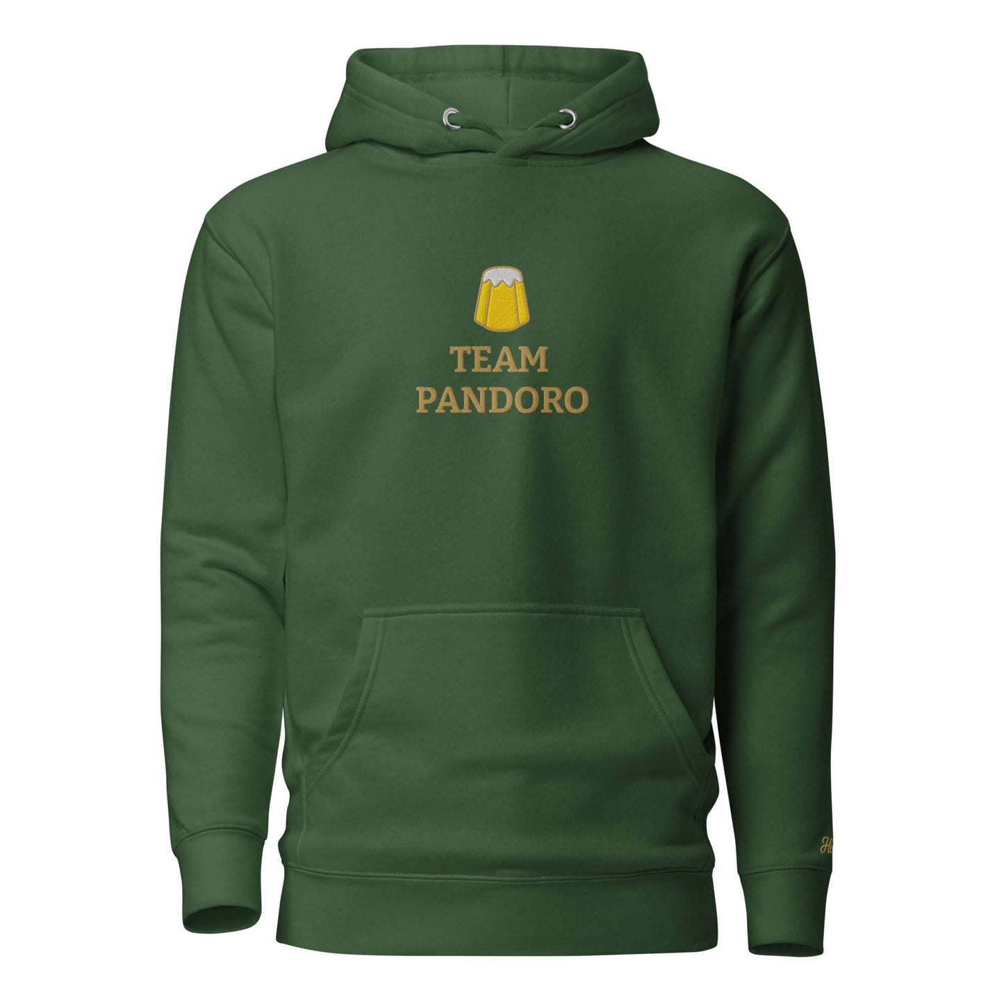 Felpa natale ricamata 'Team Pandoro' in verde con cappuccio e tasca frontale, design streetwear unico.