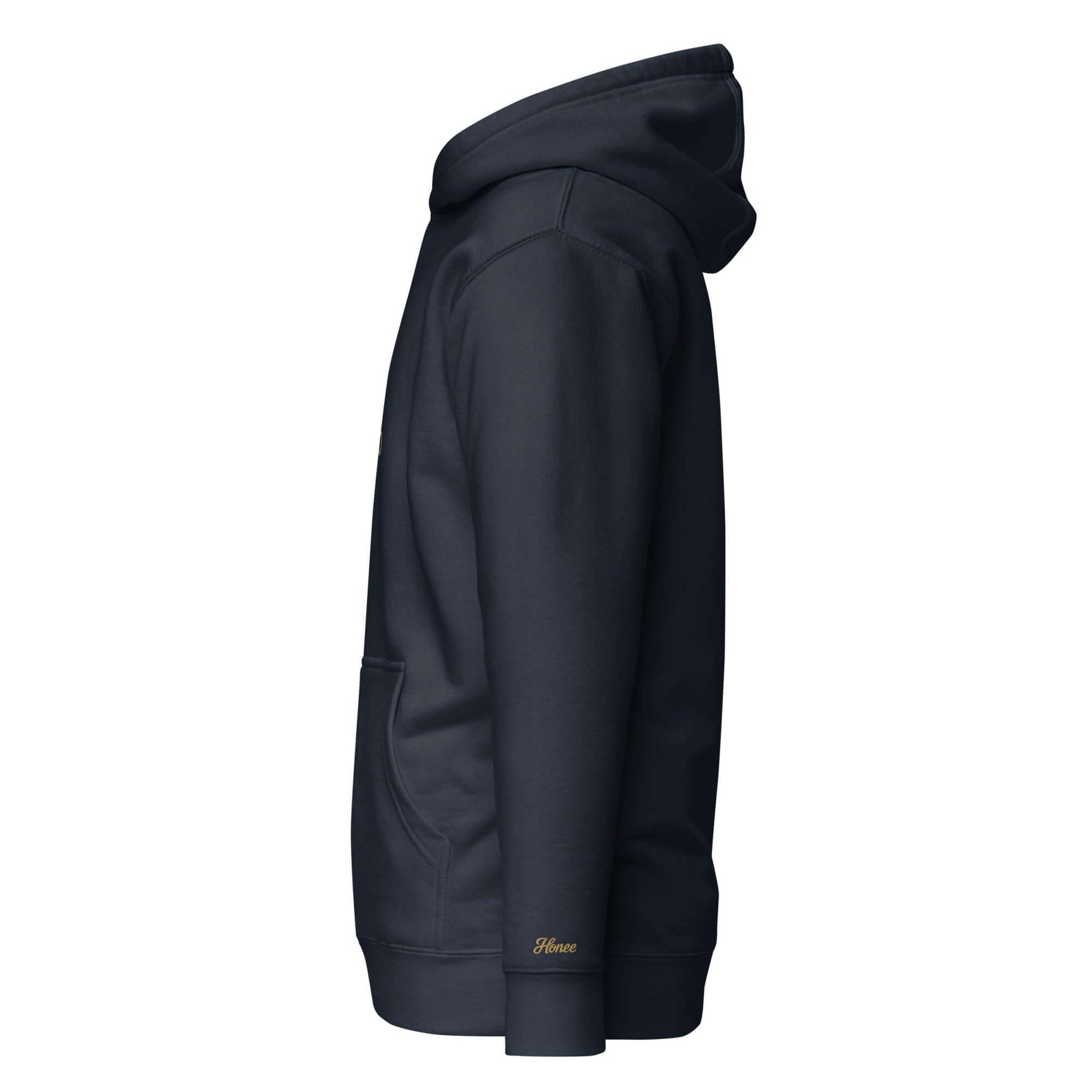 Felpa natale ricamata 'Team Pandoro' vista laterale, colore navy, con cappuccio e tasca frontale.