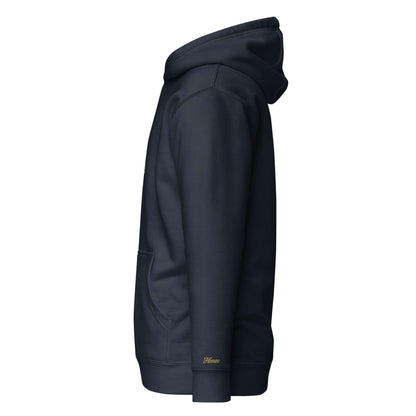 Felpa natale ricamata 'Team Pandoro' vista laterale, colore navy, con cappuccio e tasca frontale.